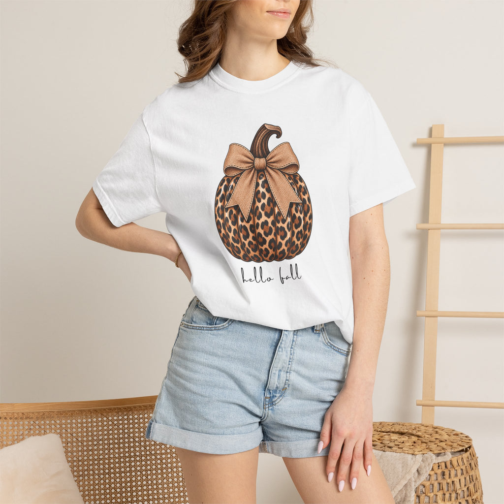 Hello Fall, cheetah pumpkin t-shirt