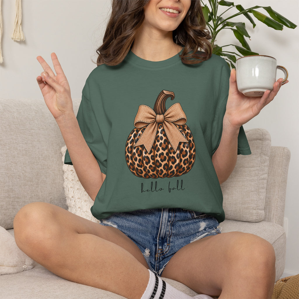 Hello Fall, cheetah pumpkin t-shirt