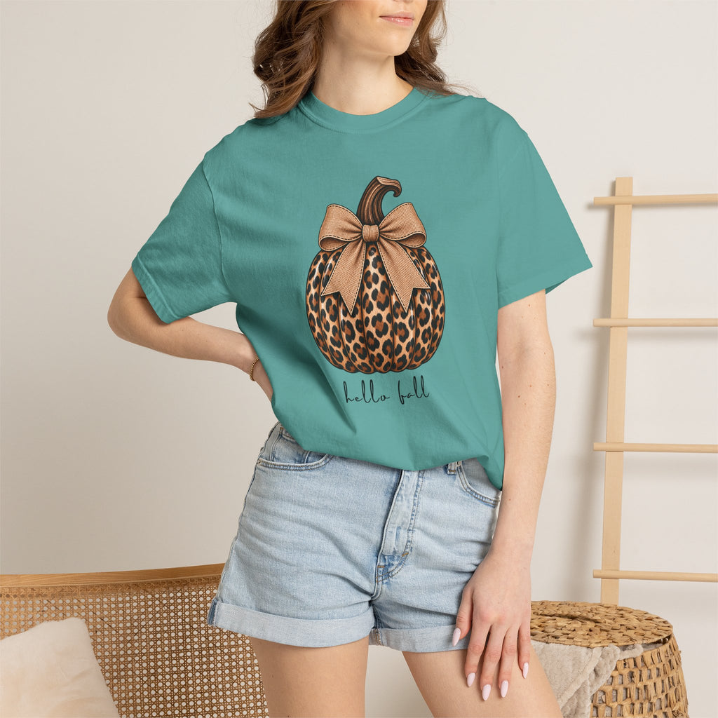 Hello Fall, cheetah pumpkin t-shirt