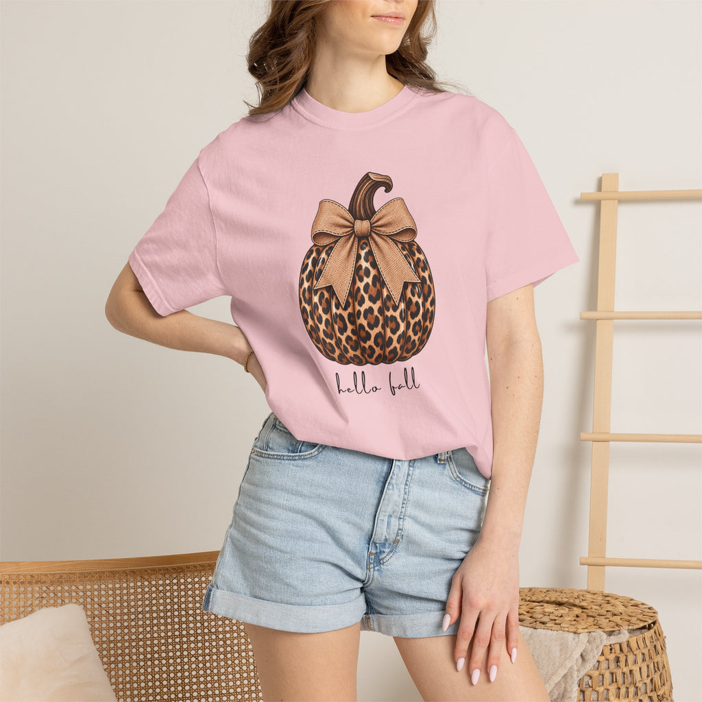 Hello Fall, cheetah pumpkin t-shirt